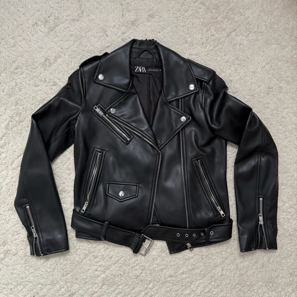 Zara Black Faux Leather Moto Jacket with Belt
